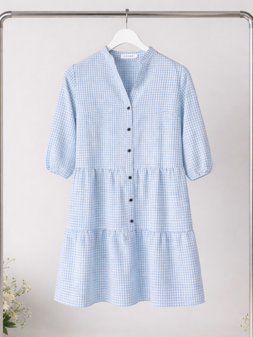 Gingham Button-Tier Midi Dress in Light Blue Size XS